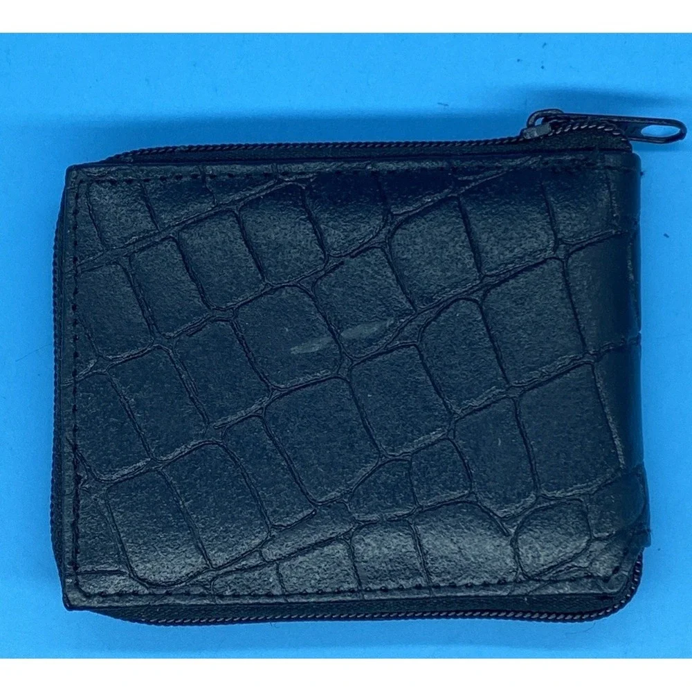 Black Alligator Skin Print Leather Men's Bifold Zippered Wallet
